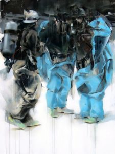 tomas spevak oil paintng chemists, oil and acrylic on canvas, 200x150 cm, private collection usa