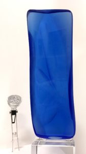 filip nizky cut glass contemporary sculpture made from aquamarine blue massive glass, crystal glass base, presented by knupp gallery los angeles