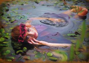 michal janovsky - girls in the waterlilies I., dry pastel drawing on board, presented by knupp gallery los angeles, 70x100 cm