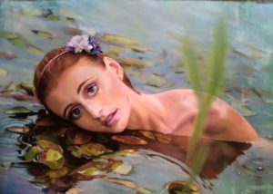 michal janovsky - girls in the waterlilies II, dry pastel on board, on a display at the knupp gallery los angeles
